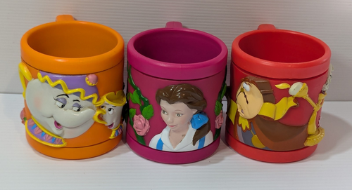 Vintage Pizza Hut 3d Collectors Cups 1992 Disney Beauty And The Beast X3