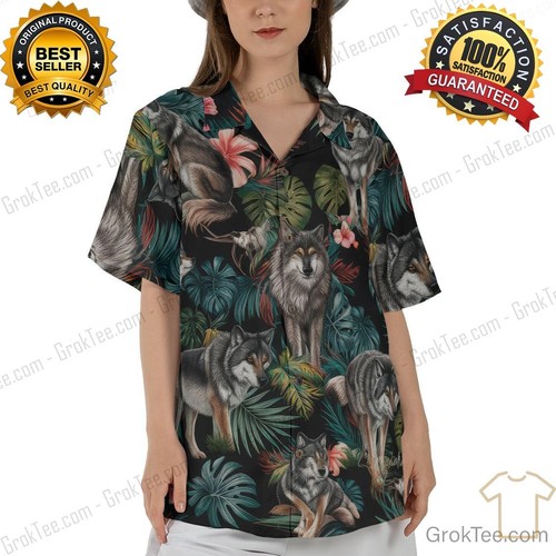 Camicia hawaiana lupo, stampa animalier giungla tropicale per uomo donna, festival spiaggia - Foto 2 di 7
