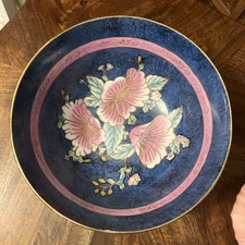 WBI Marked Hand Painted Asian Decorative Bowl Blue Pink Floral 10 inch Chinese