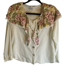 Vintage Connections Related Separates Top 8-10 Cream Floral Cape Collar 80s