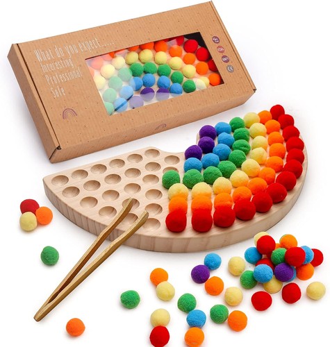 Wooden Peg Board Rainbow Clip Bead Puzzle Montessori Sorting Toys Counting Ma...