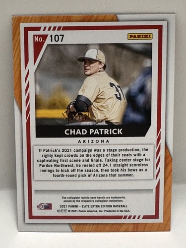 CHAD PATRICK /999 #107 2021 PANINI - ELITE ÉDITION SUPPLÉMENTAIRE BASEBALL - Photo 2/2