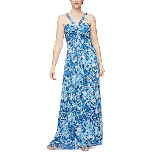 Alex & Eve Womens Blue Floral Print Long Formal Halter Dress Gown 12 BHFO 8349