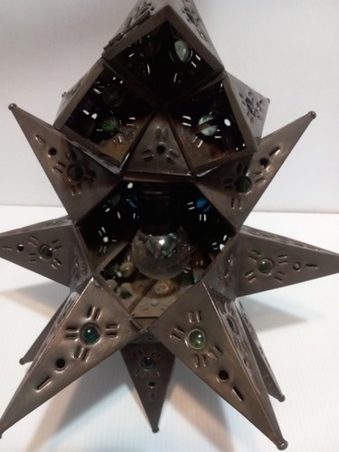 18-Point Star Light Handmade Mexican Hanging Aged Tin Star Cut with Marbles - Picture 15 of 20