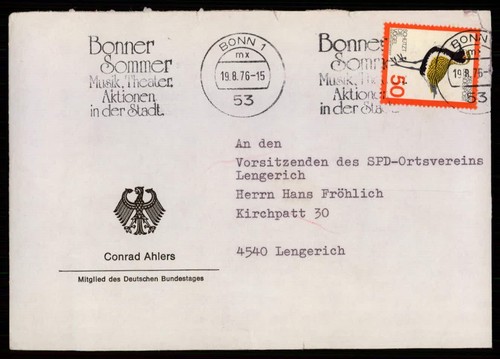 BRD BUND BRIEF 1976 CONRAD AHLERS "MEMBER DES BUNDESTAGE" BONN MUSIK xb20 - Imagen 1 de 2