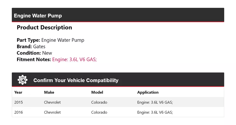 Puertas de bomba de agua con motor V6 de 3,6 L para Chevrolet Colorado 2015-2016 Foto 2 de 4