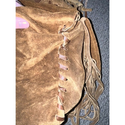 Native American Western Style Beaded Feathered Brown Suede Leather Fringe Bag - Picture 9 of 10