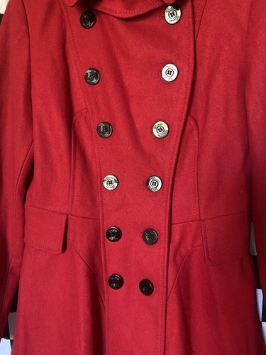 GUESS Logo RED Wool Double Breasted Skirted Peacoat Dress Coat Military Jacket M - Picture 14 of 24