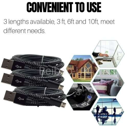 3 Pack 3Ft 6Ft 10Ft Micro USB Cable Fast Charge For Samsung Android HTC Charger - Picture 9 of 10