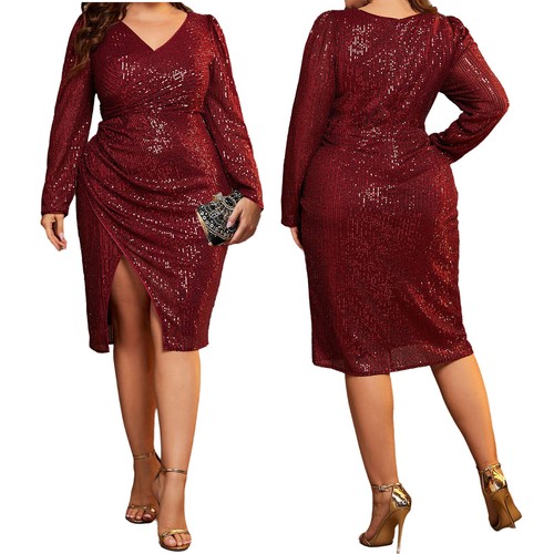 Women‘s Plus Size Dress V-neck High Waist Sparkly Sequin Banquet Cocktail Club - Bild 1 von 14