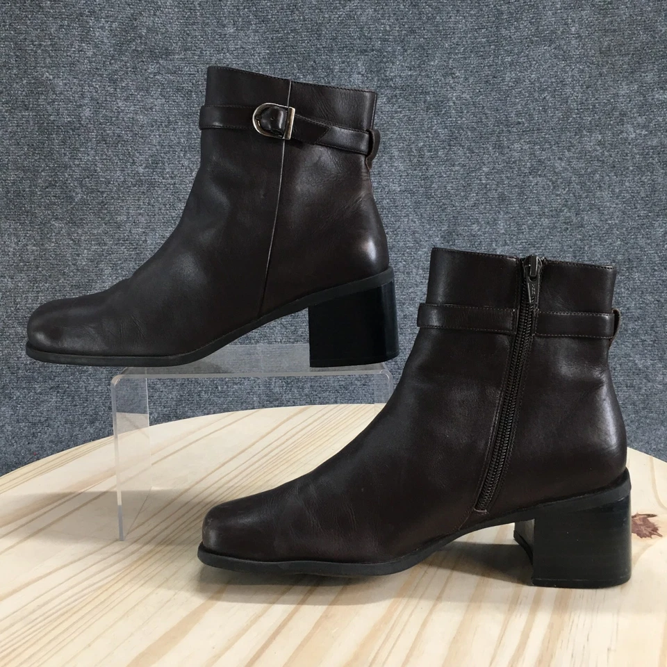 Botas aerosoles para mujer 8 M botín al tobillo cuero marrón punta cuadrada bloque cómodo Foto 2 de 4