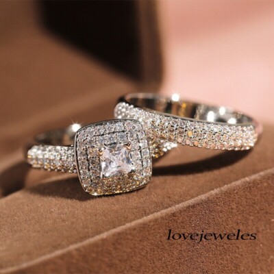 925 Silver Princess Cut Diamond Double Halo Bridal Set