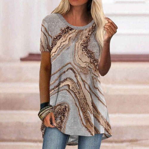 Ladies Tunic Long Tops Shirts Blouse Plus Size Summer Print Pullover T-shirt Tee - Picture 20 of 60