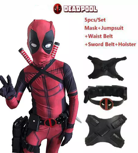 Deadpool Cosplay Bodysuit Boys Jumpsuit Kids Costume Outfit Set Halloween Party - Picture 8 of 13