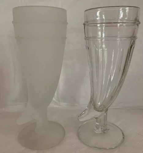 Vintage Tiara SATIN Glass PILSNER GLASSES WHITE & CLEAR HORN SHAPED BEER STEINS