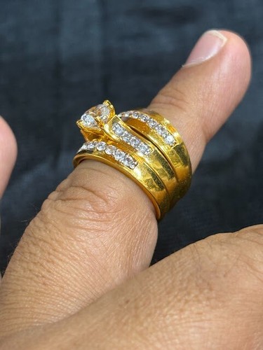 14K Yellow Gold Plated Simulated Diamond His-Her Trio Ring Set Wedding Band - Picture 2 of 16