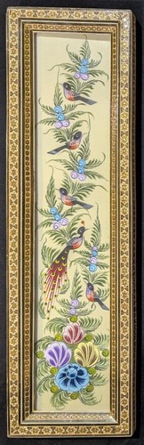 Khatam Intarsien gerahmt lang schmal Chinoiserie Vogel Gemälde 19 3/4” x 5,5” - Bild 5 von 5
