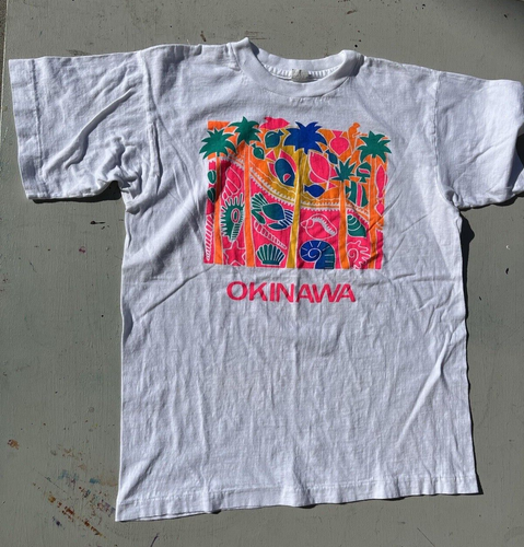 Women's Vintage Okinawa Japan T-Shirt White Spell-Out XL Single Stitch 90s Asia - Picture 5 of 13