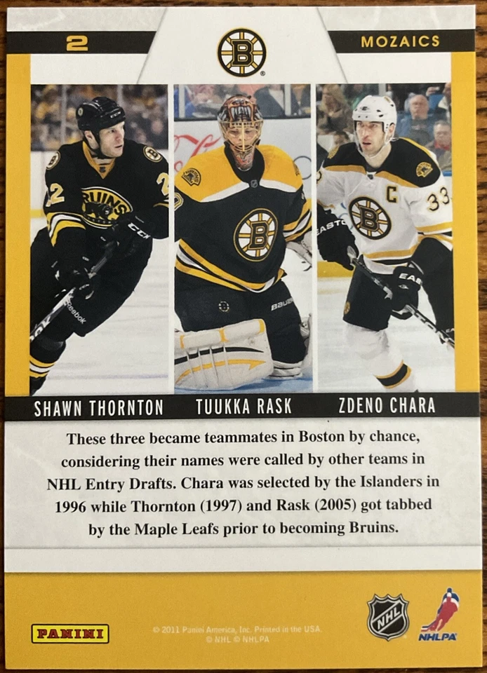 2010-11 Zenith Mozaics Shawn Thornton/Tuukka Rask/Zdeno Chara #2 Boston Bruins - Image 2 of 2