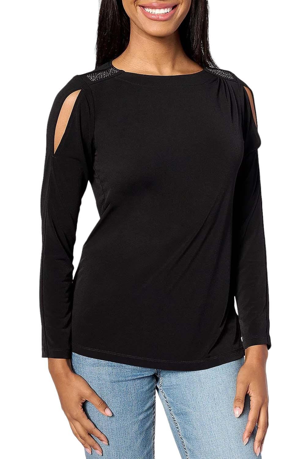 Черный топ из жидкого трикотажа с вырезом на рукаве Susan Graver для повседневного использования