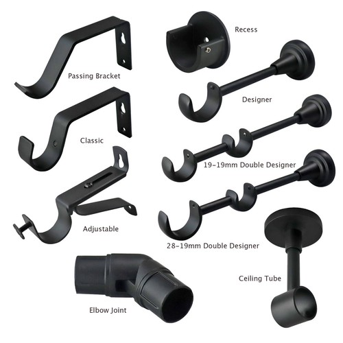 Matt Black Curtain Pole Rod Brackets 19mm 28mm 35mm Recess Extendable