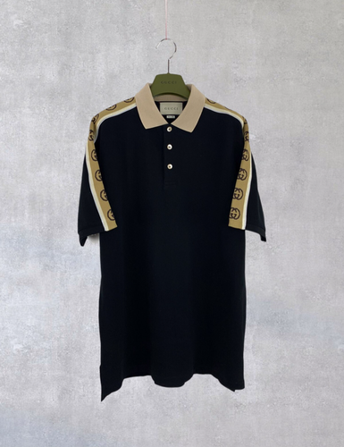 New Gucci GG Stripe Logo Jacquard Cotton Reflective Black Polo Shirt Size M - Picture 2 of 16