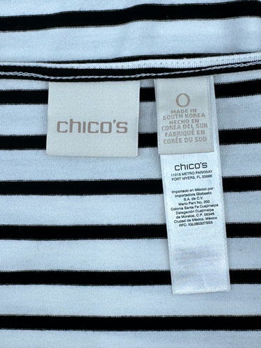 Chico's Womens Short Sleeve Front Tie Top Size 0 White Black Stripe Stretch - Picture 9 of 11
