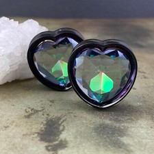 Pair of Black Steel Heart Plugs with Aurora Borealis Gem PS-287 gauges