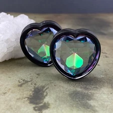 Pair of Black Steel Heart Plugs with Aurora Borealis Gem (PS-287) gauges