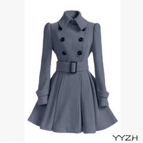 Womens Double Breasted Slim Fit Woolen Long Jacket Overcoat Belt Trench Coat New - Bild 14 von 14