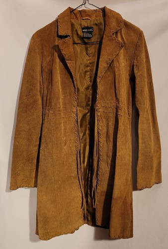Vintage Wet Seal, Genuine Suede Leather Western Long Jacket Coat Tan Sz Small - Picture 6 of 7