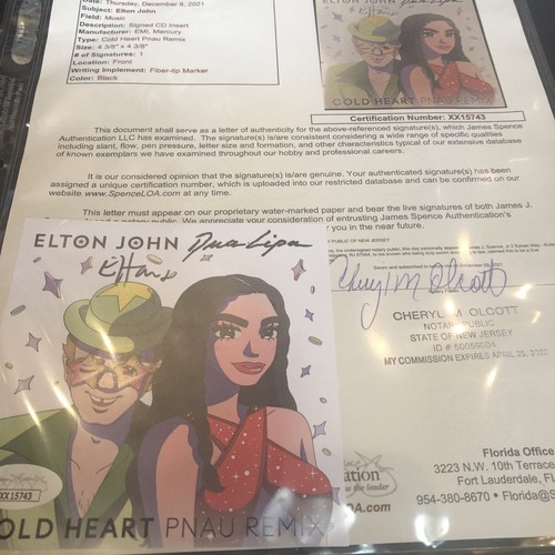 Inserto CD firmato Elton John autografato "Cold Heart Pnau Remix" JSA Dua Lipa - Foto 2 di 4