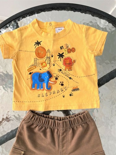 Size 00 Baby Boys Brown Shorts & Yellow Top Set Animal Zoo Theme Lion Elephant - Picture 2 of 4