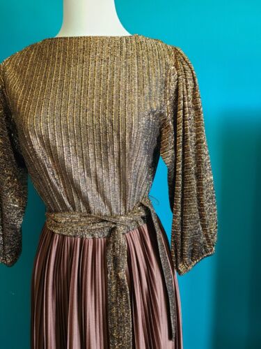 Womens Vintage Bronze Metallic Pleated Cocktail Dress Size Medium 70s 80s - Picture 2 of 8