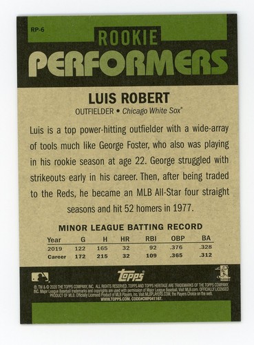 2020 Topps Heritage High Number Rookie Performers #RP6 Luis Robert! *PWE* - Picture 2 of 2
