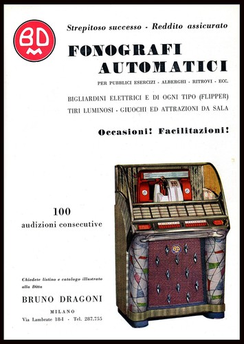 ADVERTISEMENT 1954 JUKE BOX AUTOMATIC BRUNO DRAGONS BAR MUSIC DISCS 45G PINBALL