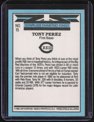 1986 Donruss #15 Tony Perez - Picture 2 of 2