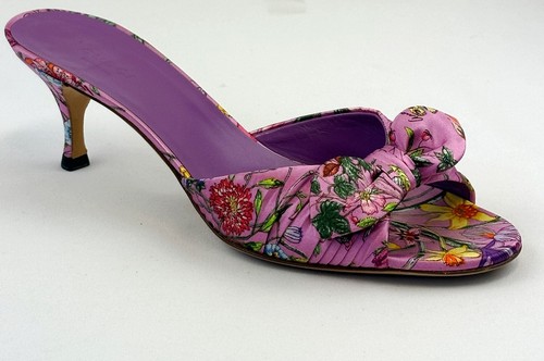 GUCCI Bow Satin Kitten Heel Sandals 7B Purple Multicolor Floral Open Toe Vintage - Picture 2 of 11