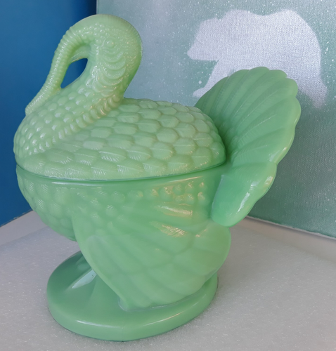 Vintage~ Medium LE Smith Jadeite Green Glass Turkey Lidded Dish 7"x 4"x6" ~ NICE - Picture 5 of 14