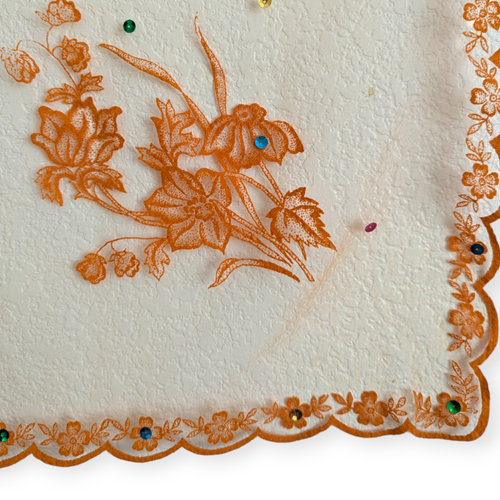 Vintage Midcentury Orange Flocked Floral Chiffon Square Scarf 26" x 26" EUC - Picture 4 of 4