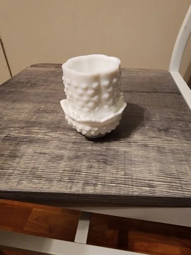 Vtg Fenton White Milk Glass Hobnail Fairy Lamp - 2 Piece Set - 1970s Logo