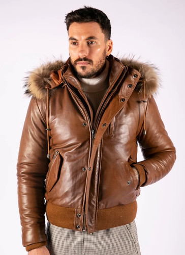 Men's Real Lambskin Leather Jacket Removable Fur Hood Brown Bomber Winter Jacket - Picture 2 of 7
