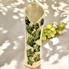MAJOLICA ART POTTERY Vase Hand Built Layered Ivy Berries Signed OOAK ~ READ