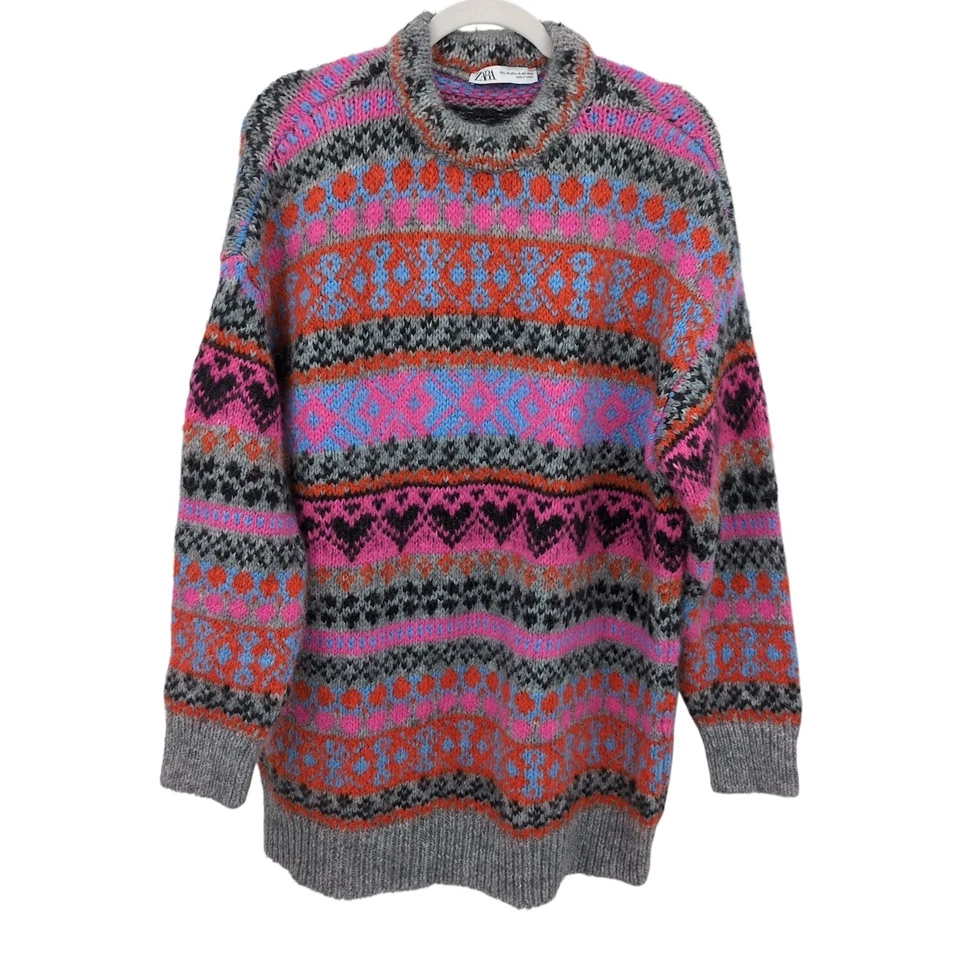 Vestido Suéter ZARA Fair Isle Geométrico Jacquard Tejido L/XL Acogedor Grueso Glam Rosa Foto 2 de 4