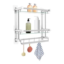 2 Tier Bathroom Shelf Stainless Steel Bathroom Rack With Towel Holder Bar&hooks