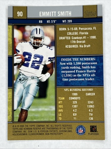 2000 Bowman Reserve Emmitt Smith #90 rifrattore Dallas Cowboys HOF - Foto 2 di 2