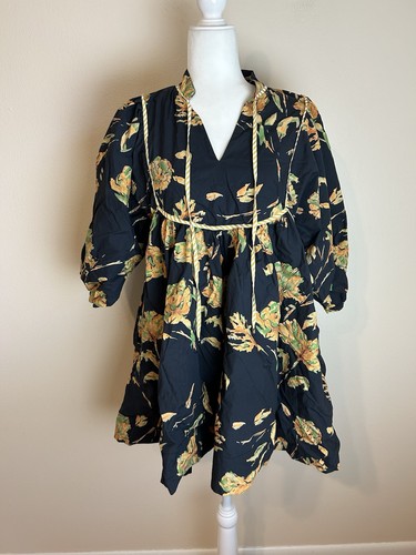 Entro Women's Tiered Floral Babydoll Dress Puff Sleeves Embroidered Size M Mini