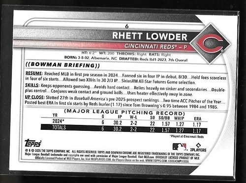 2025 Bowman - Rhett Lowder #6 Red Rookie Redemption SP Reds (RC) - Picture 2 of 2
