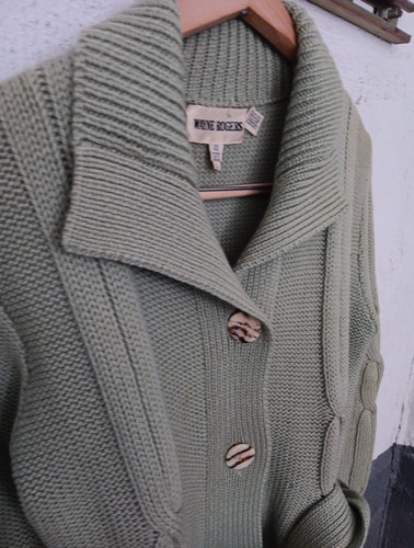 Wayne Rogers Strickjacke Pullover Wolle Damen L türkis grün Gürtel   - Bild 12 von 12