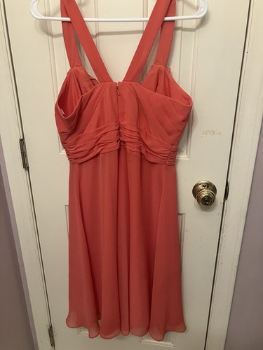 Davids Bridal Bridesmaid Dress F13722 Crinkle Chiffon Gown - Size 12 - Coral - Picture 2 of 7